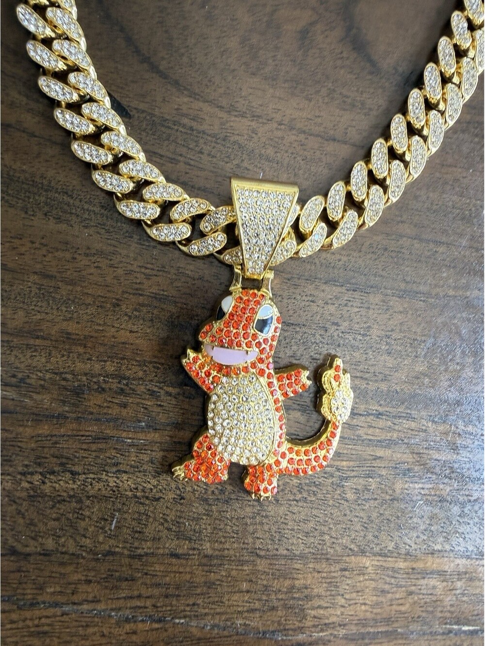 Pokemon Charmander Iced Out Pendant Gold Tone Cuban Chain Necklace CZ